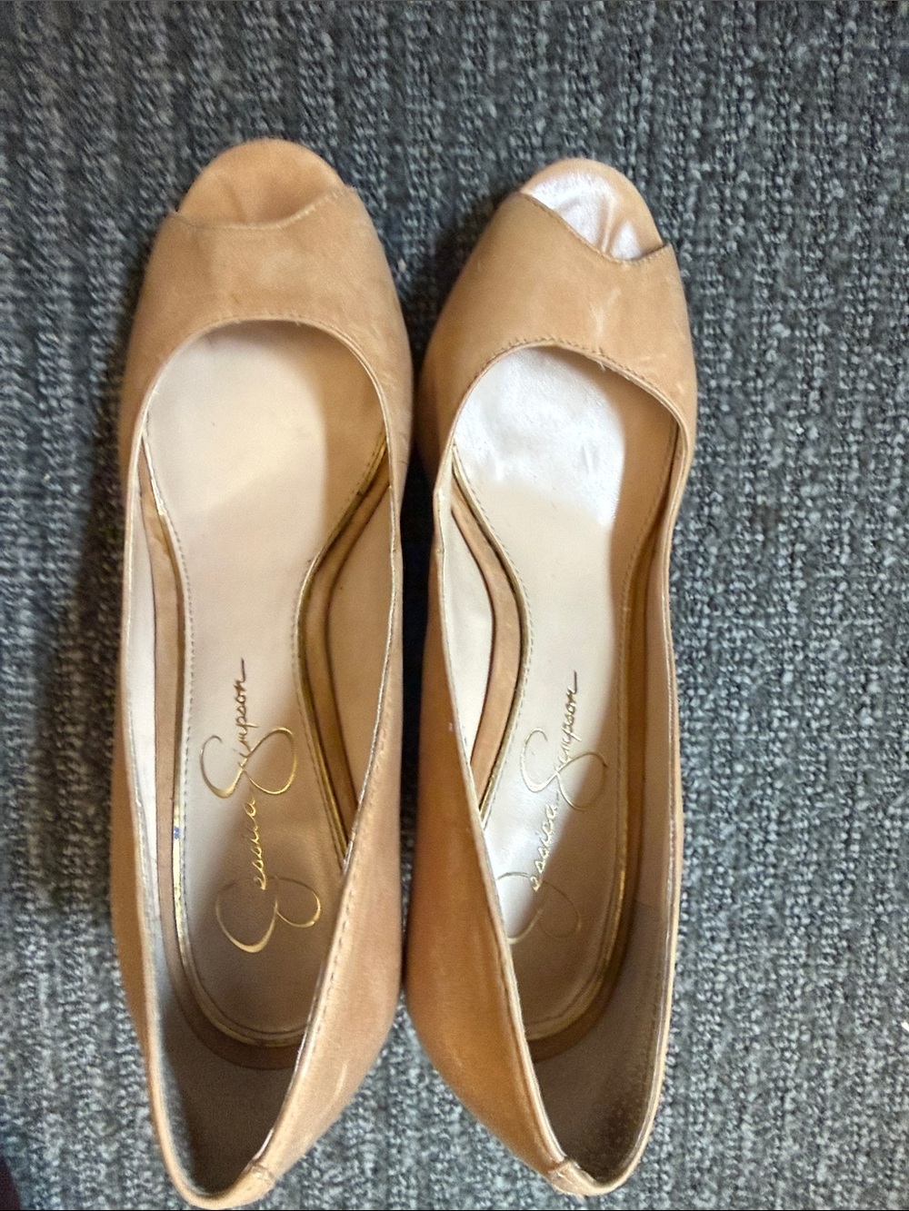 Jessica Simpson Tan Suede Peep-Toe Wedges